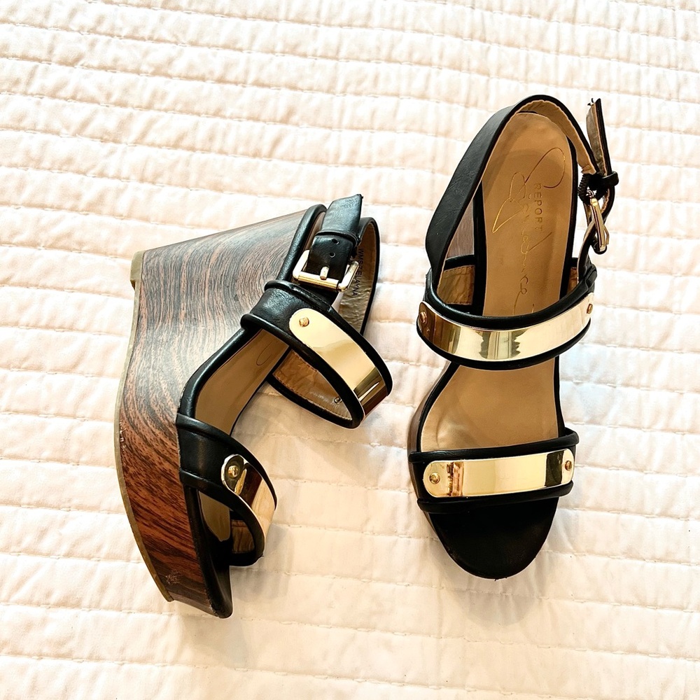 Report Signature  |  Black and Gold Platform Wedge